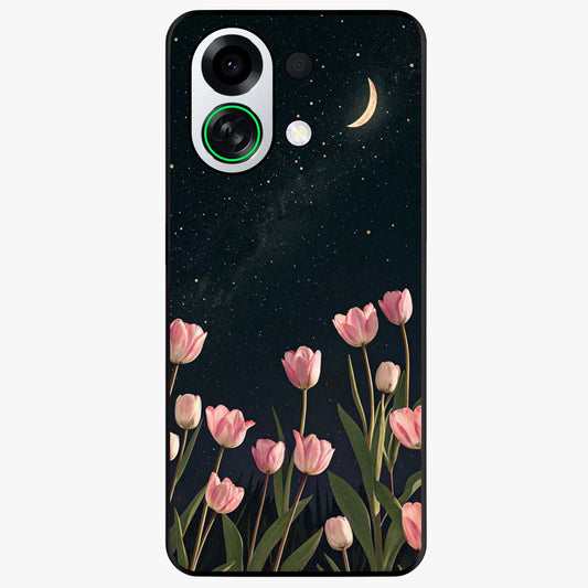 Midnight Tulip Whispers Vibe Glass Case showing flat back view with elegant tulip flower artwork and glossy glass finish.