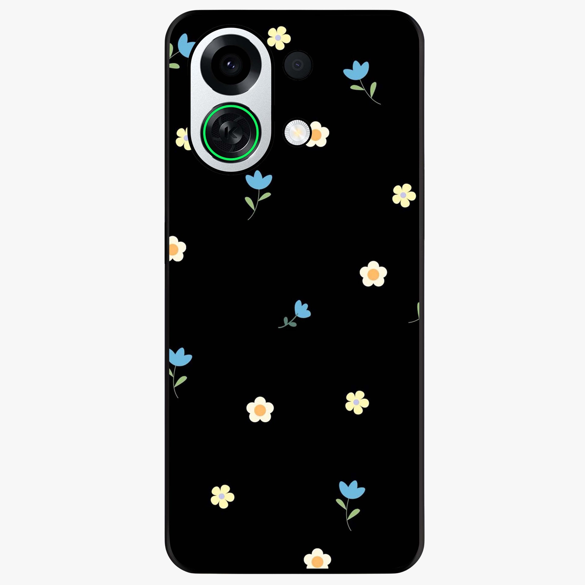 Minimalistic Blue With White Flower Pattern Glass Case showing flat back view with blue background and white flower pattern and glossy glass finish.