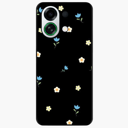 Minimalistic Blue With White Flower Pattern Glass Case showing flat back view with blue background and white flower pattern and glossy glass finish.