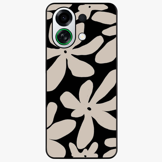 Monochrome Petal Dance Glass Case showing flat back view with monochrome floral artwork and glossy glass finish.