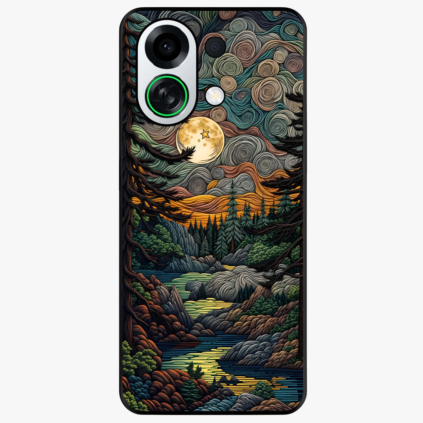 Moonlight Forest Dream Glass Case showing flat back view with mystical forest moonlight artwork and glossy glass finish.