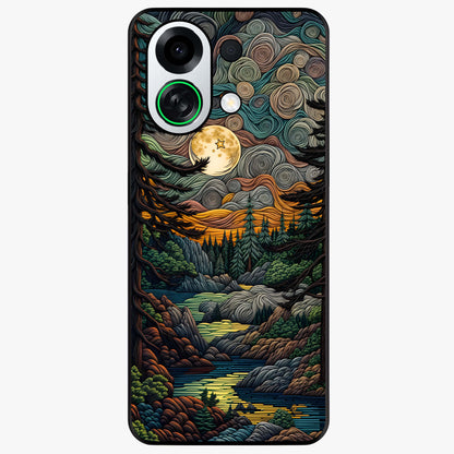 Moonlight Forest Dream Glass Case showing flat back view with mystical forest moonlight artwork and glossy glass finish.