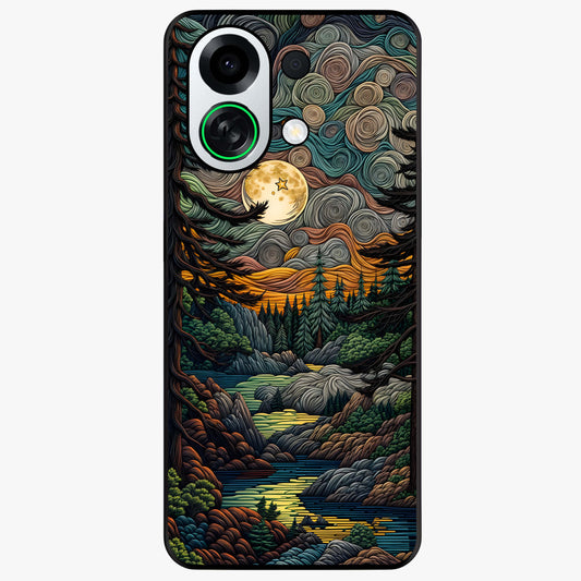 Moonlight Forest Dream Glass Case showing flat back view with mystical forest moonlight artwork and glossy glass finish.
