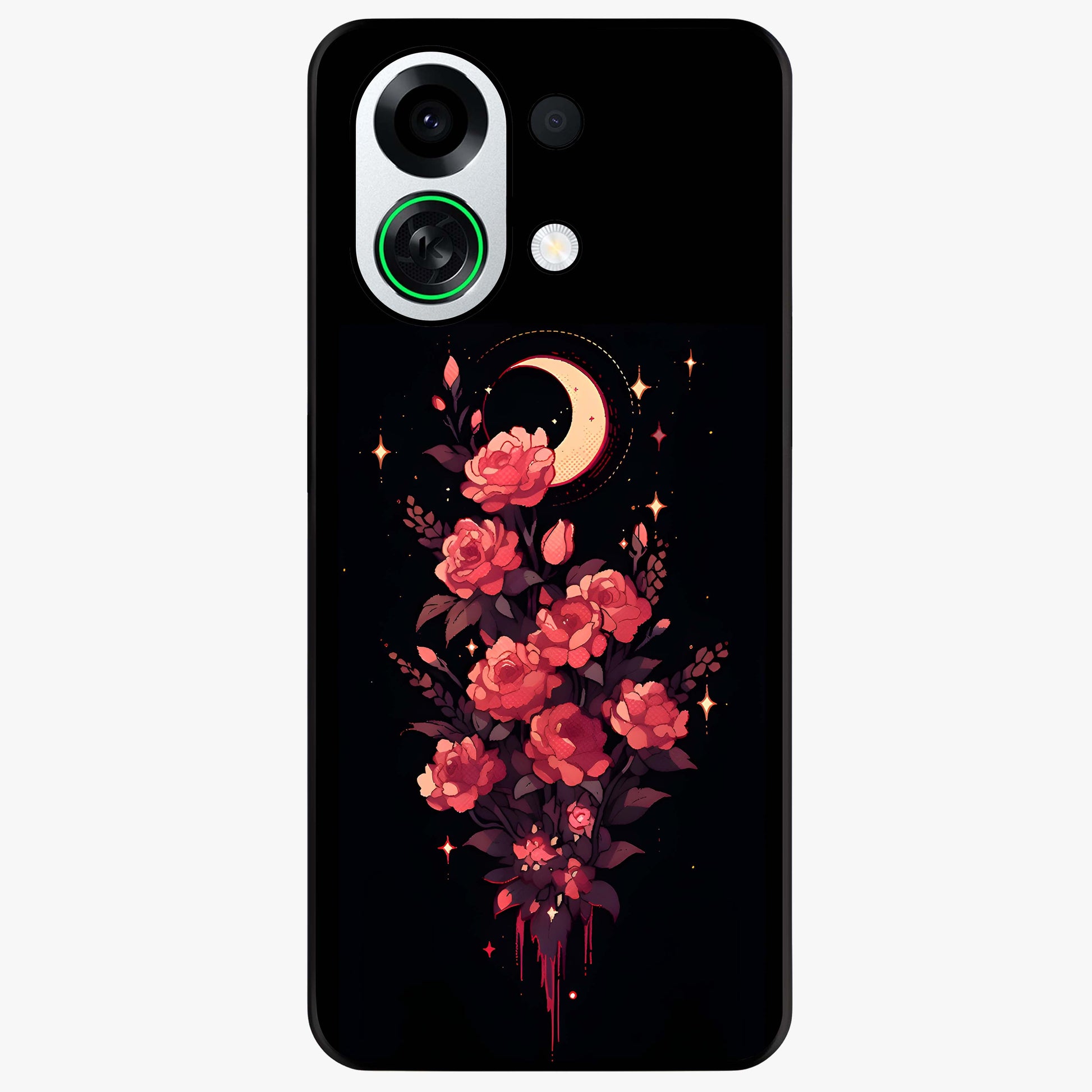 Moonlit Floral Elegance Glass Case showing flat back view with elegant floral artwork under moonlit tones and glossy glass finish.