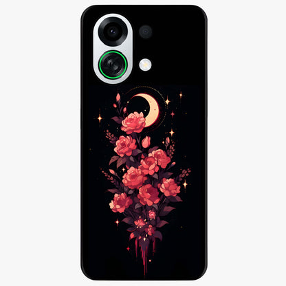 Moonlit Floral Elegance Glass Case showing flat back view with elegant floral artwork under moonlit tones and glossy glass finish.
