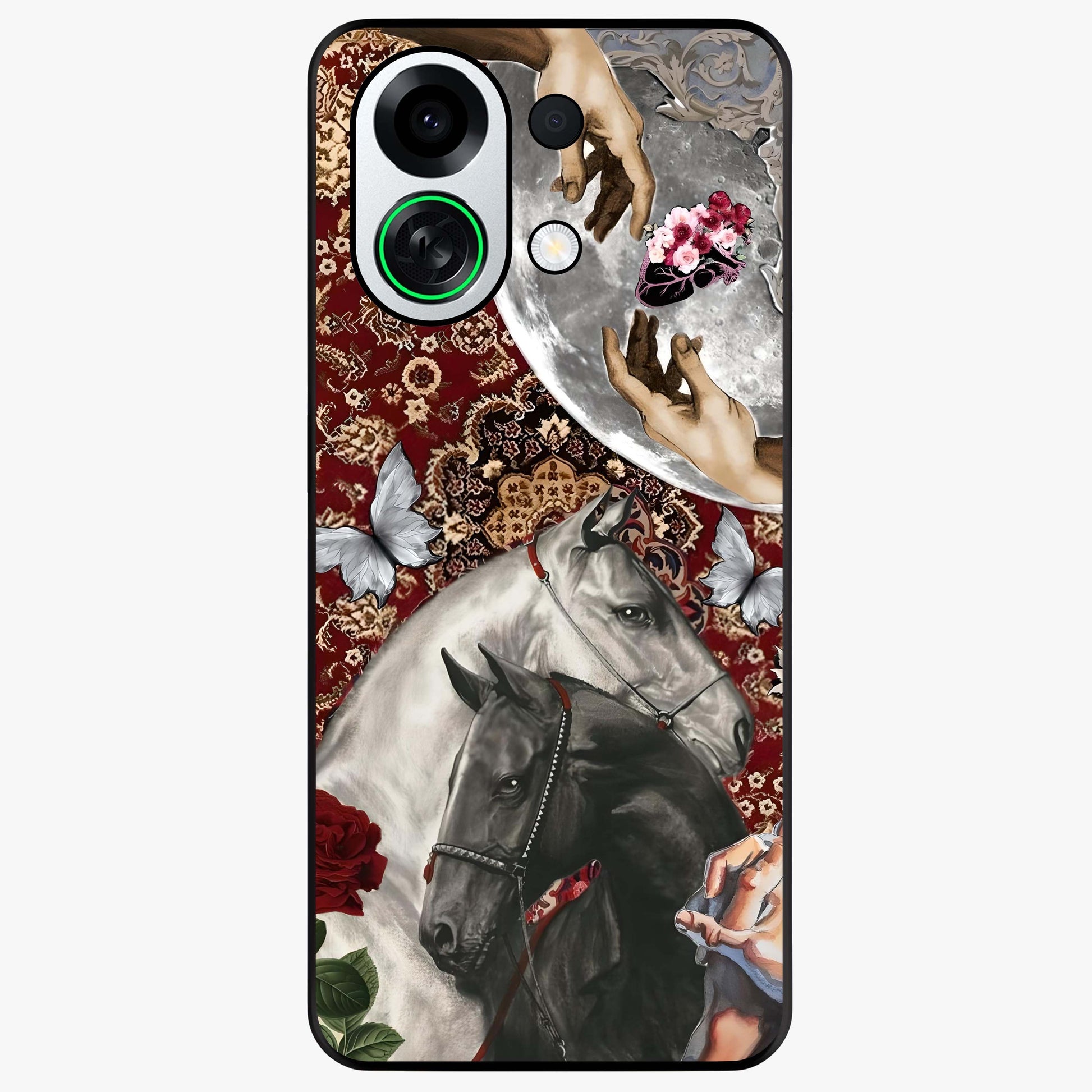 Moonlit Royal Stallion Glass Case showing flat back view with majestic horse under moonlight artwork and glossy glass finish.