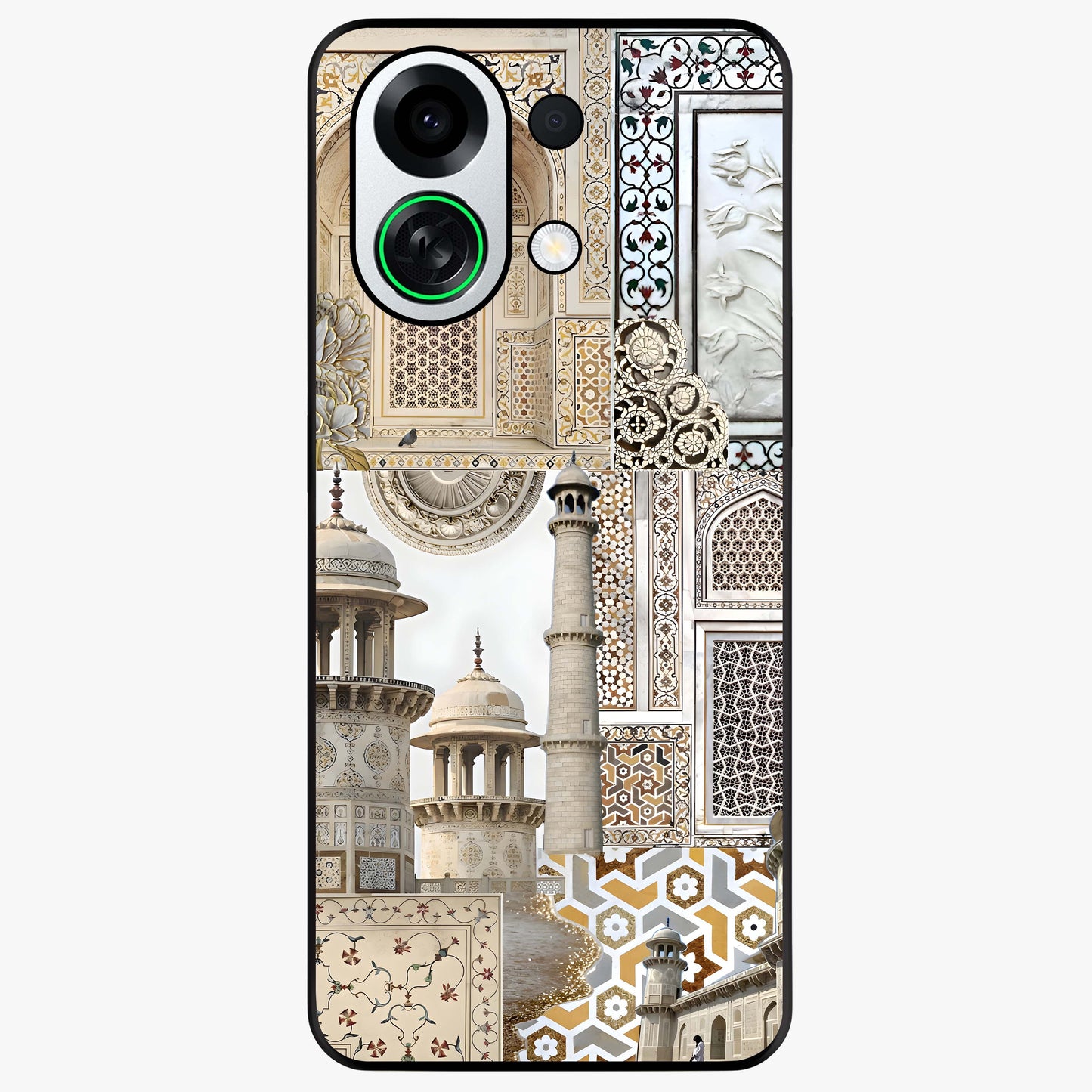 Mughal Marble Legacy Glass Case showing flat back view with intricate Mughal inspired marble pattern and glossy glass finish.