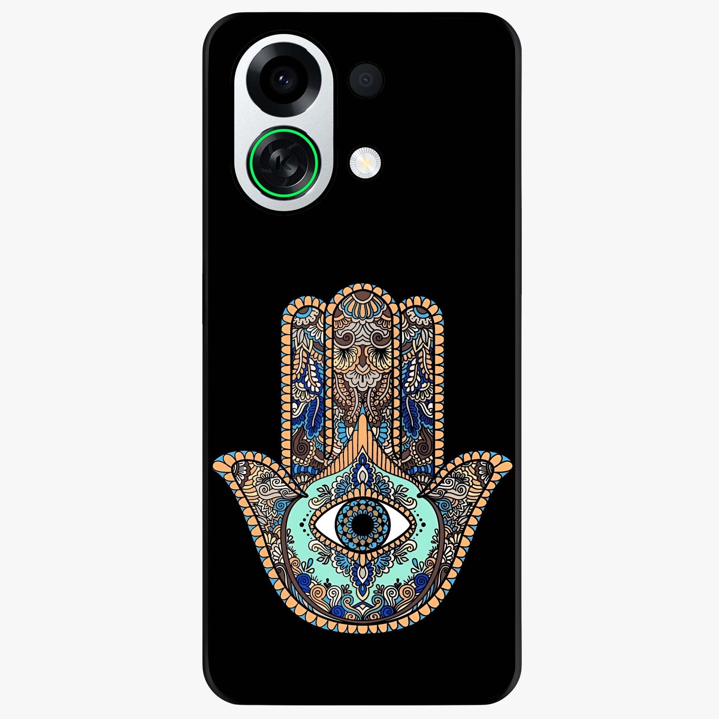 Mystic Hamsa Eye Glass Case showing flat back view with protective hamsa hand and evil eye artwork and glossy glass finish.