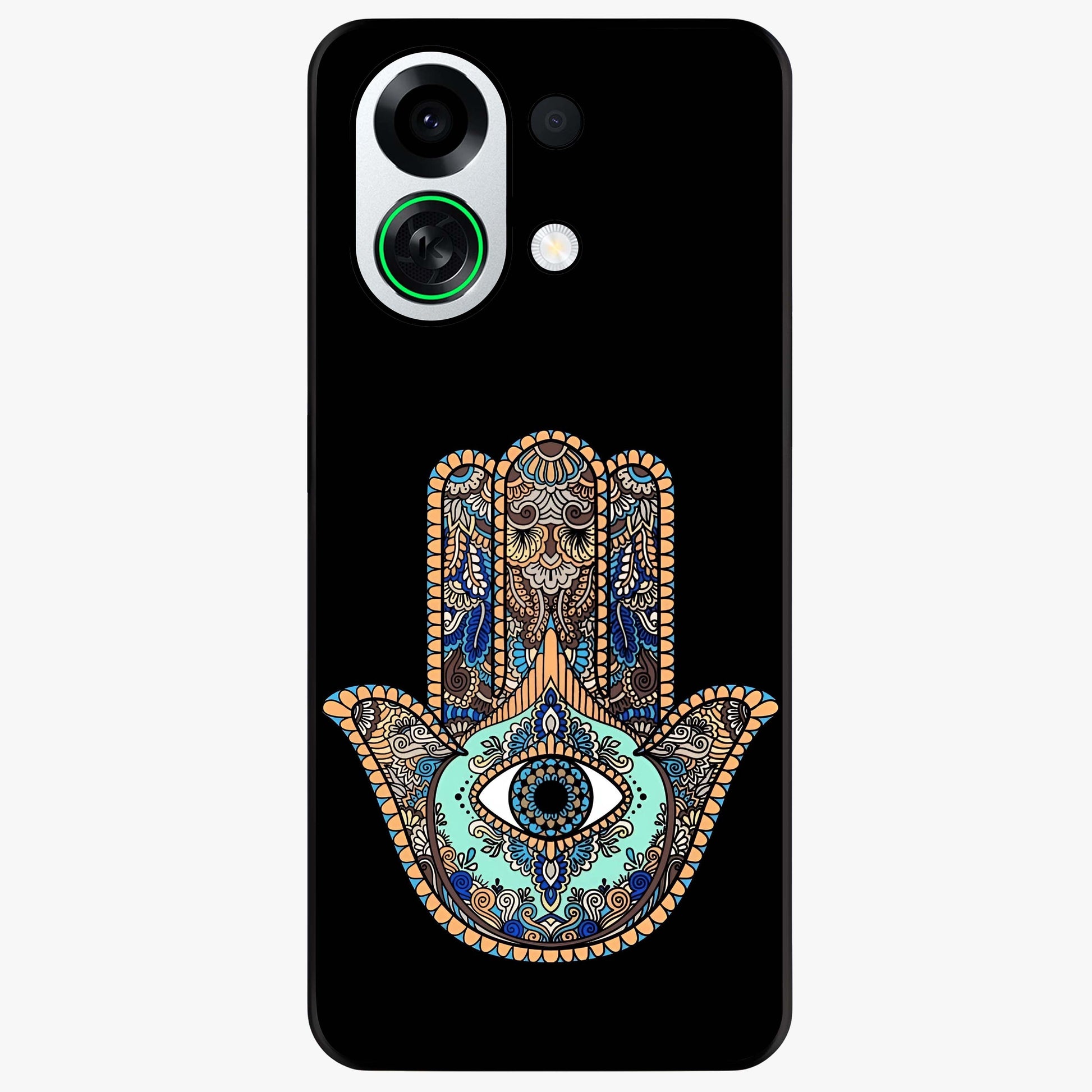 Mystic Hamsa Eye Glass Case showing flat back view with protective hamsa hand and evil eye artwork and glossy glass finish.