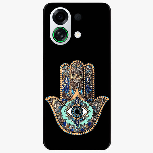 Mystic Hamsa Eye Glass Case showing flat back view with protective hamsa hand and evil eye artwork and glossy glass finish.
