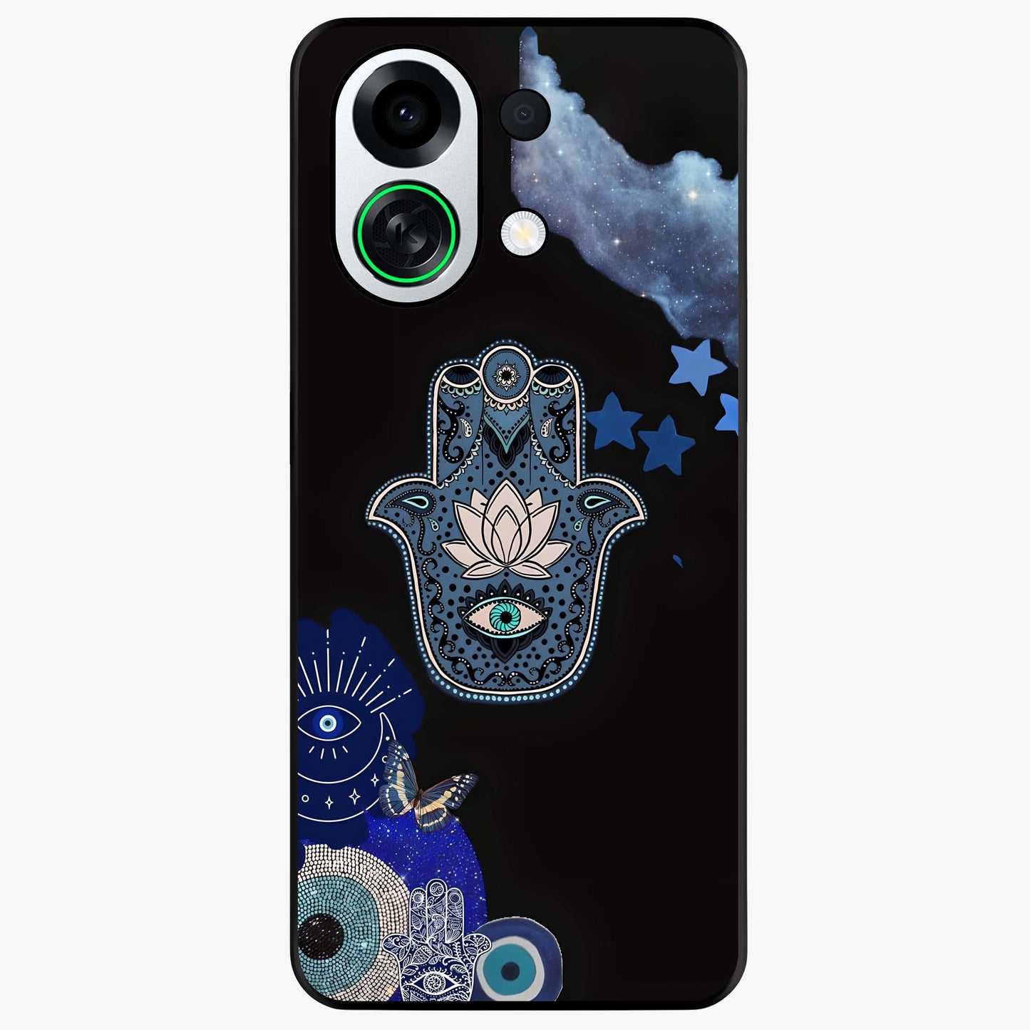 Mystic Hand Aura Glass Case showing flat back view with mystical hand symbol artwork and glossy glass finish.