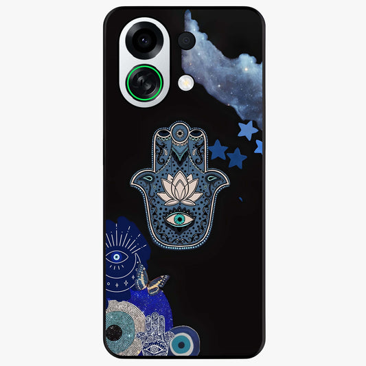 Mystic Hand Aura Glass Case showing flat back view with mystical hand symbol artwork and glossy glass finish.
