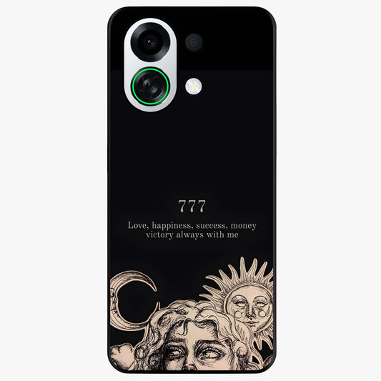 Mystic Victory Aura Glass Case showing flat back view with victory symbol artwork and glossy glass finish.