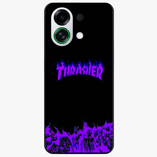 Neon Flame Riot Glass Case showing flat back view with neon flame artwork and glossy glass finish.