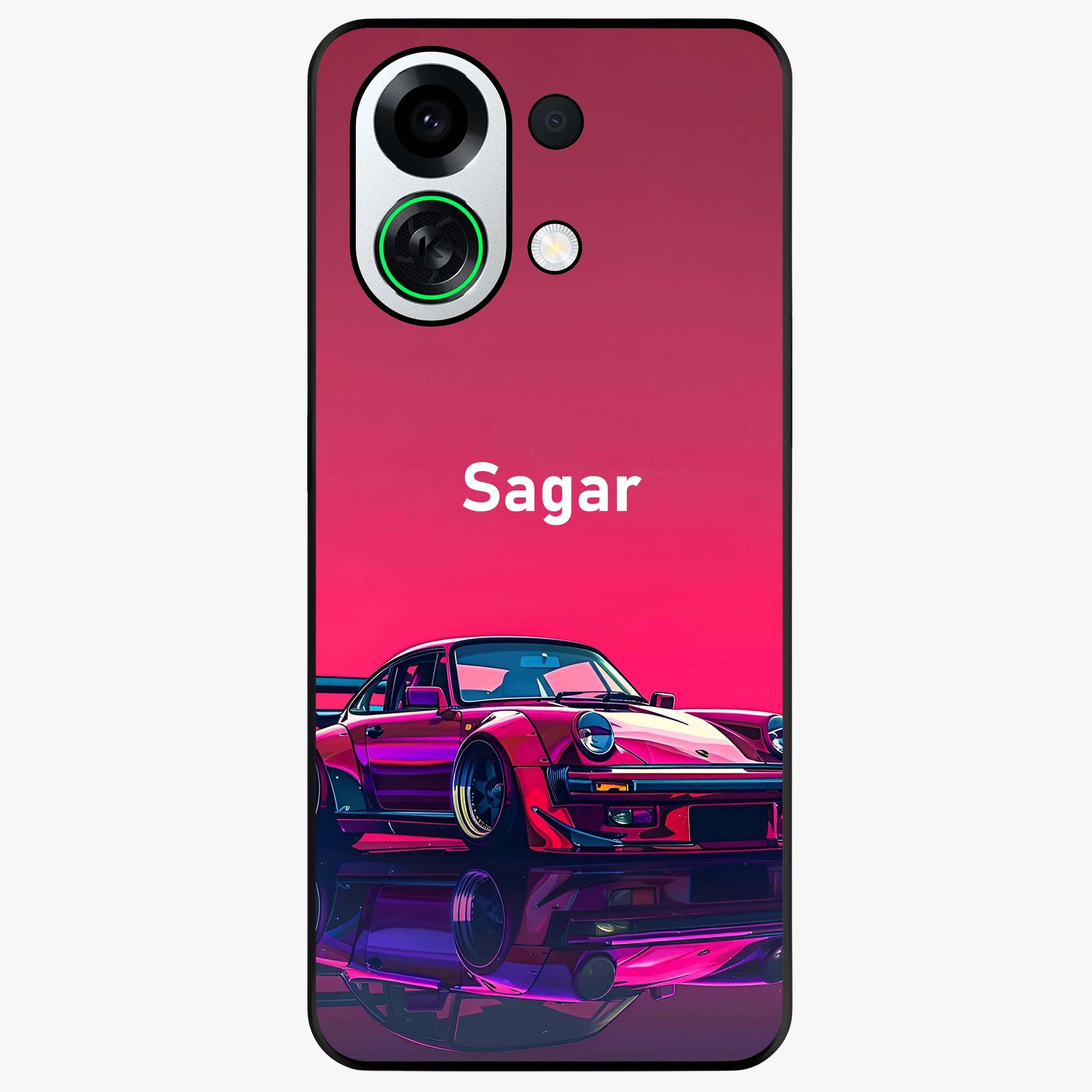 Neon Pink Porsche Glass Case showing flat back view with stylish sports car artwork and glossy glass finish.