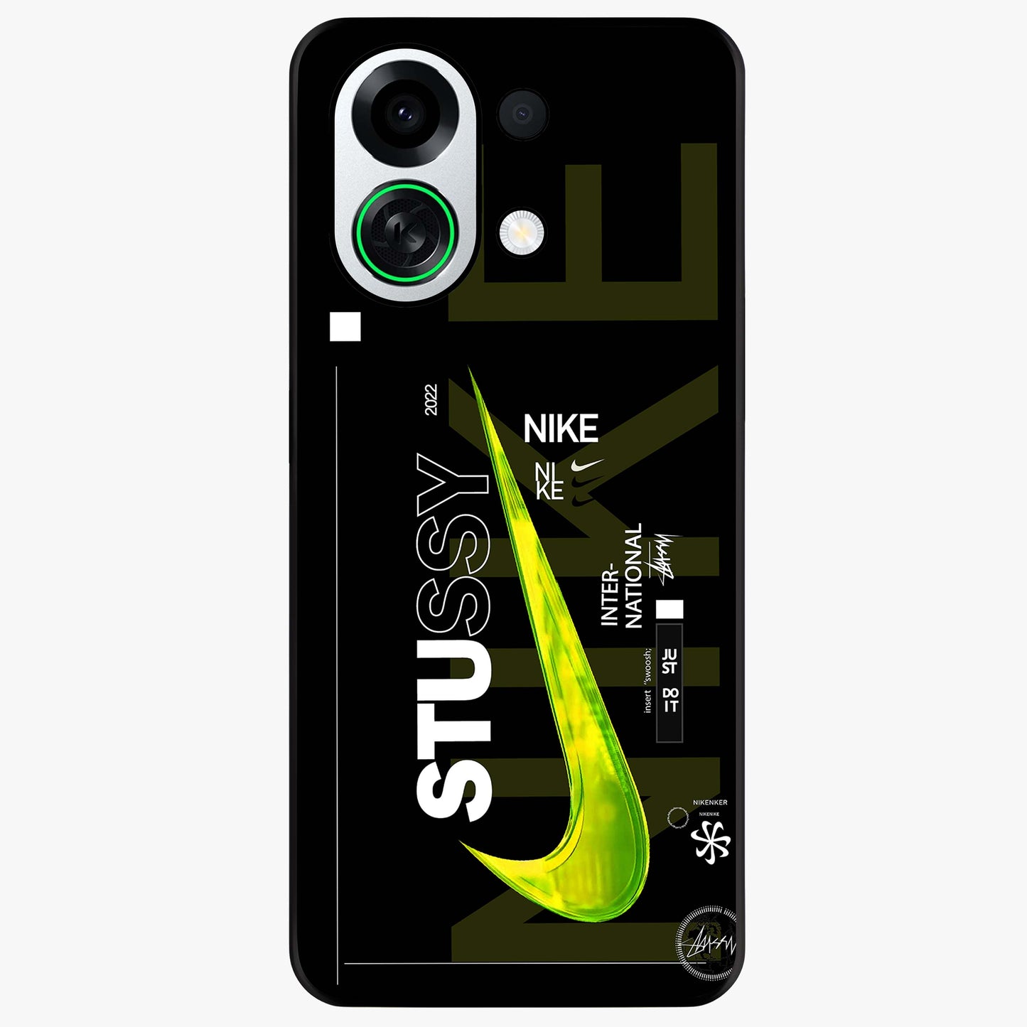 Neon Street Edition Glass Case showing flat back view with neon street style artwork and glossy glass finish.