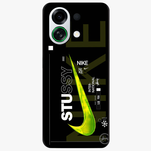Neon Street Edition Glass Case showing flat back view with neon street style artwork and glossy glass finish.