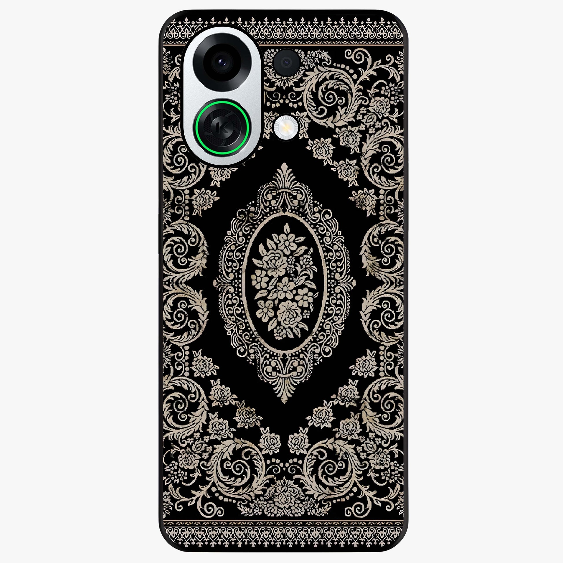 Noir Bloom Elegance Glass Case showing flat back view with elegant dark floral artwork and glossy glass finish.