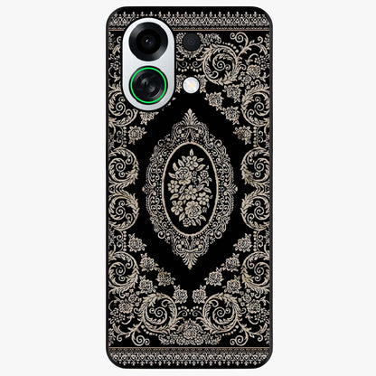 Noir Bloom Elegance Glass Case showing flat back view with elegant dark floral artwork and glossy glass finish.