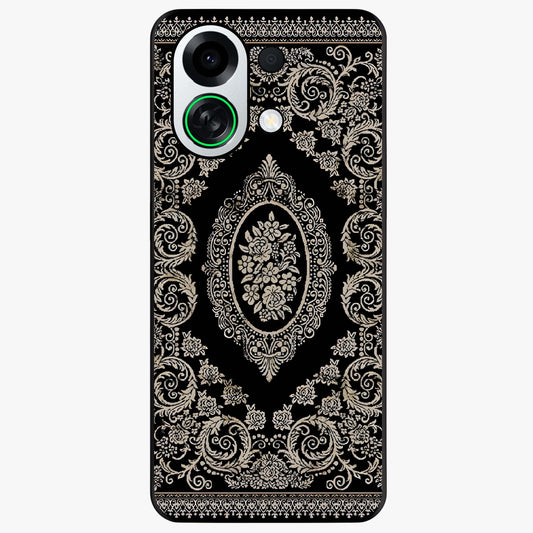 Noir Bloom Elegance Glass Case showing flat back view with elegant dark floral artwork and glossy glass finish.