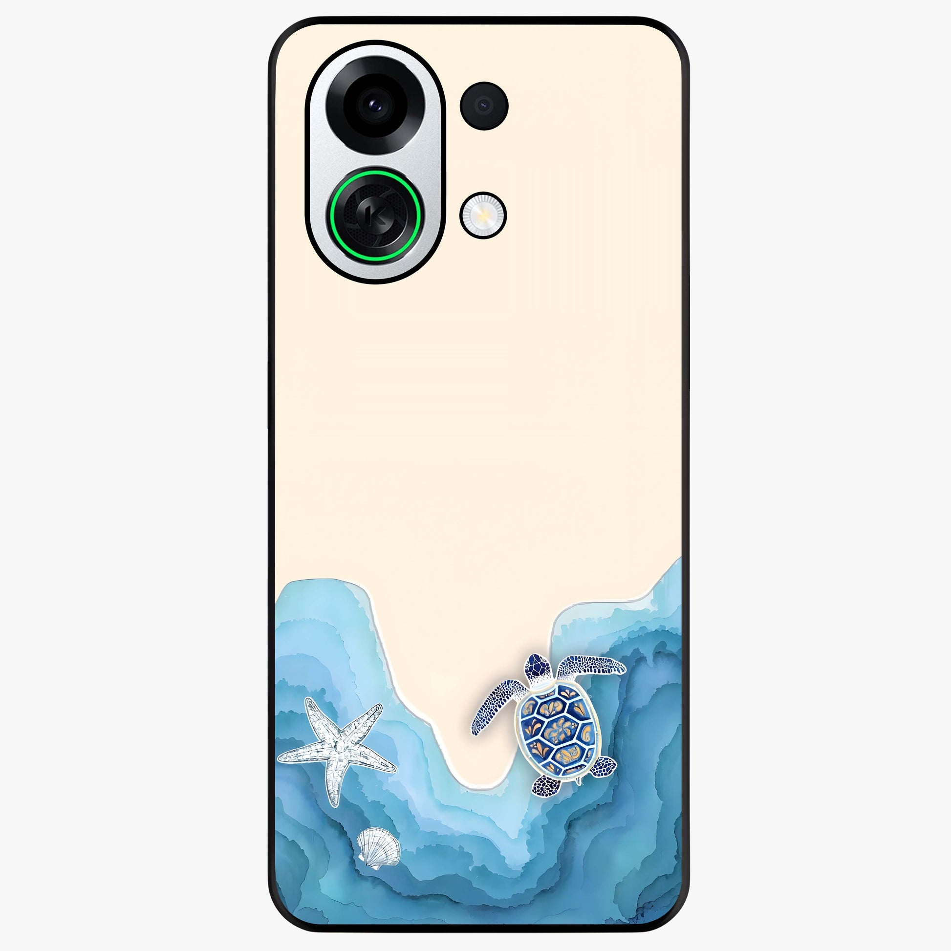 Ocean Drift Turtle Glass Case showing flat back view with sea turtle artwork and glossy glass finish.