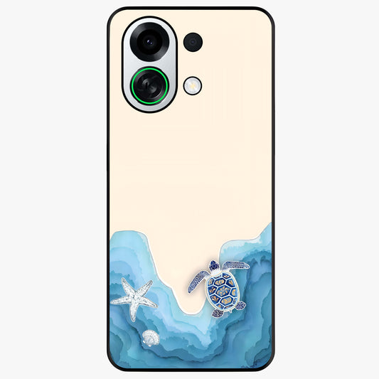 Ocean Drift Turtle Glass Case showing flat back view with sea turtle artwork and glossy glass finish.
