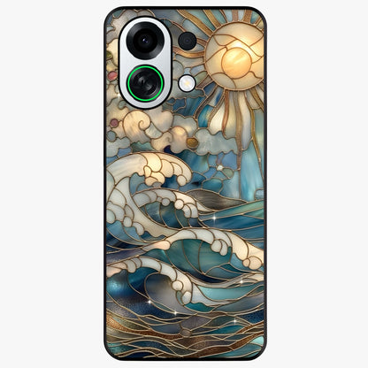Oceanic Stained Printed Glass Case showing flat back view with ocean inspired stained pattern artwork and glossy glass finish.