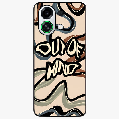 Out Of Mind Glass Case showing flat back view with expressive typography artwork and glossy glass finish.