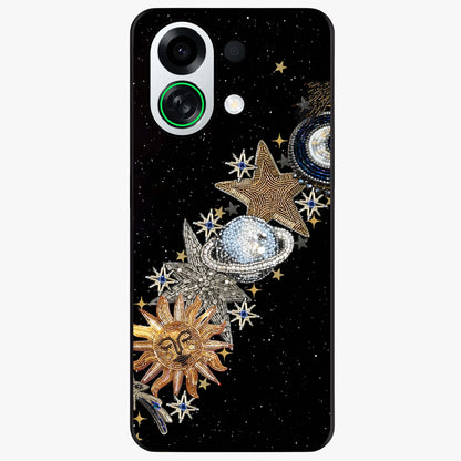Pearls Universe Object Glass Case showing flat back view with pearl inspired cosmic artwork and glossy glass finish.