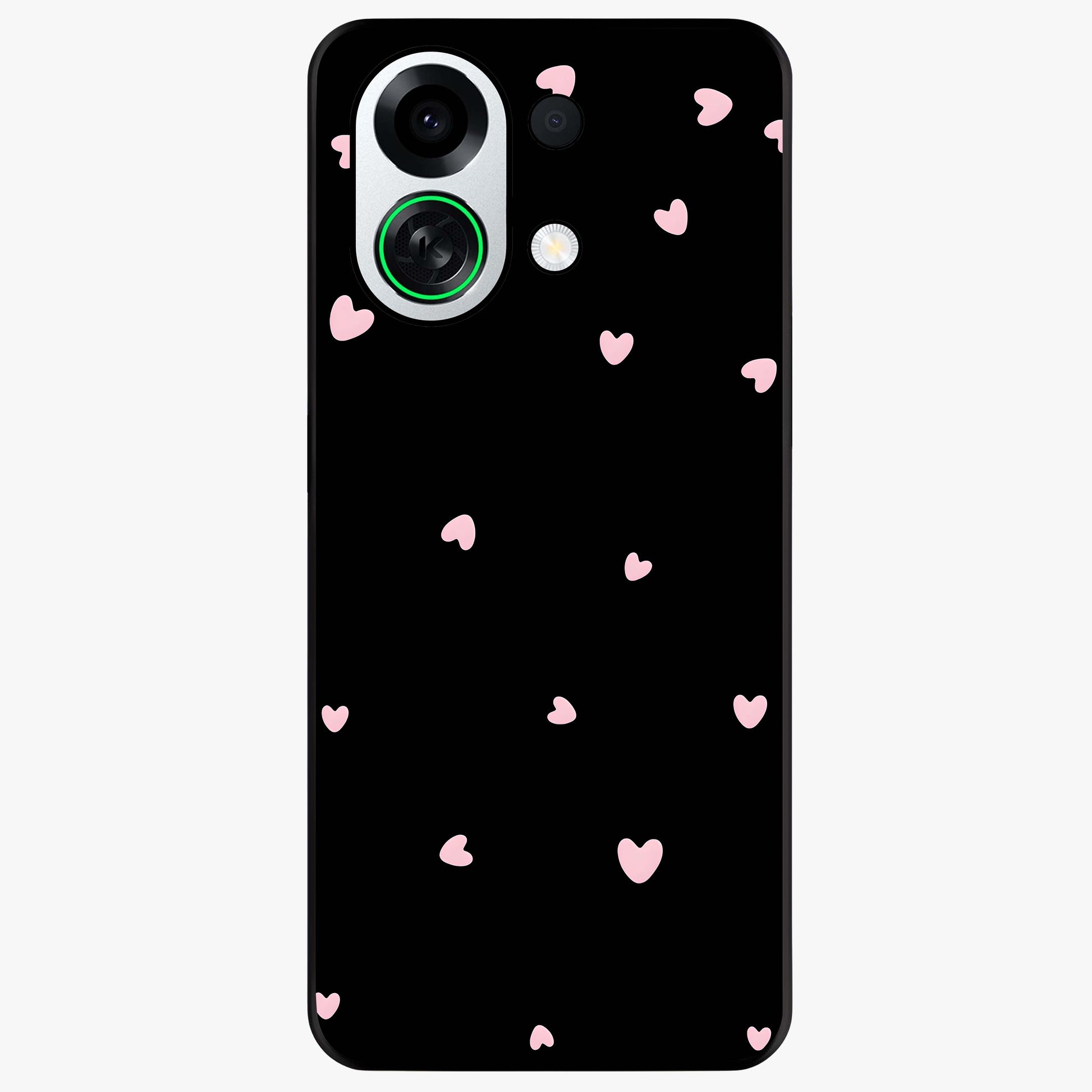 Pink Love Drops Glass Case showing flat back view with playful pink heart drops artwork and glossy glass finish.