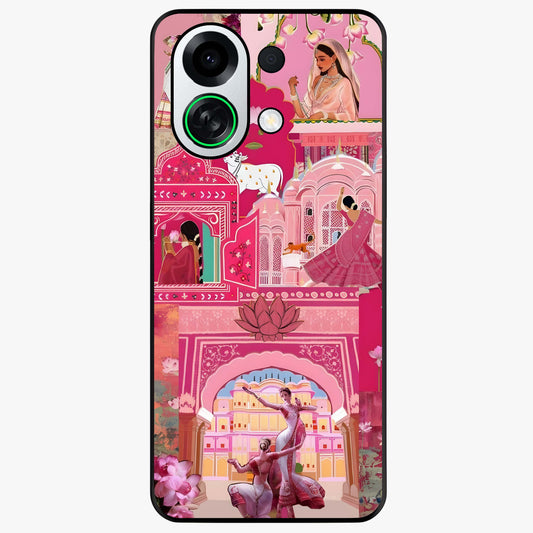 Pink Palace Muse Glass Case showing flat back view with elegant palace inspired artwork and glossy glass finish.