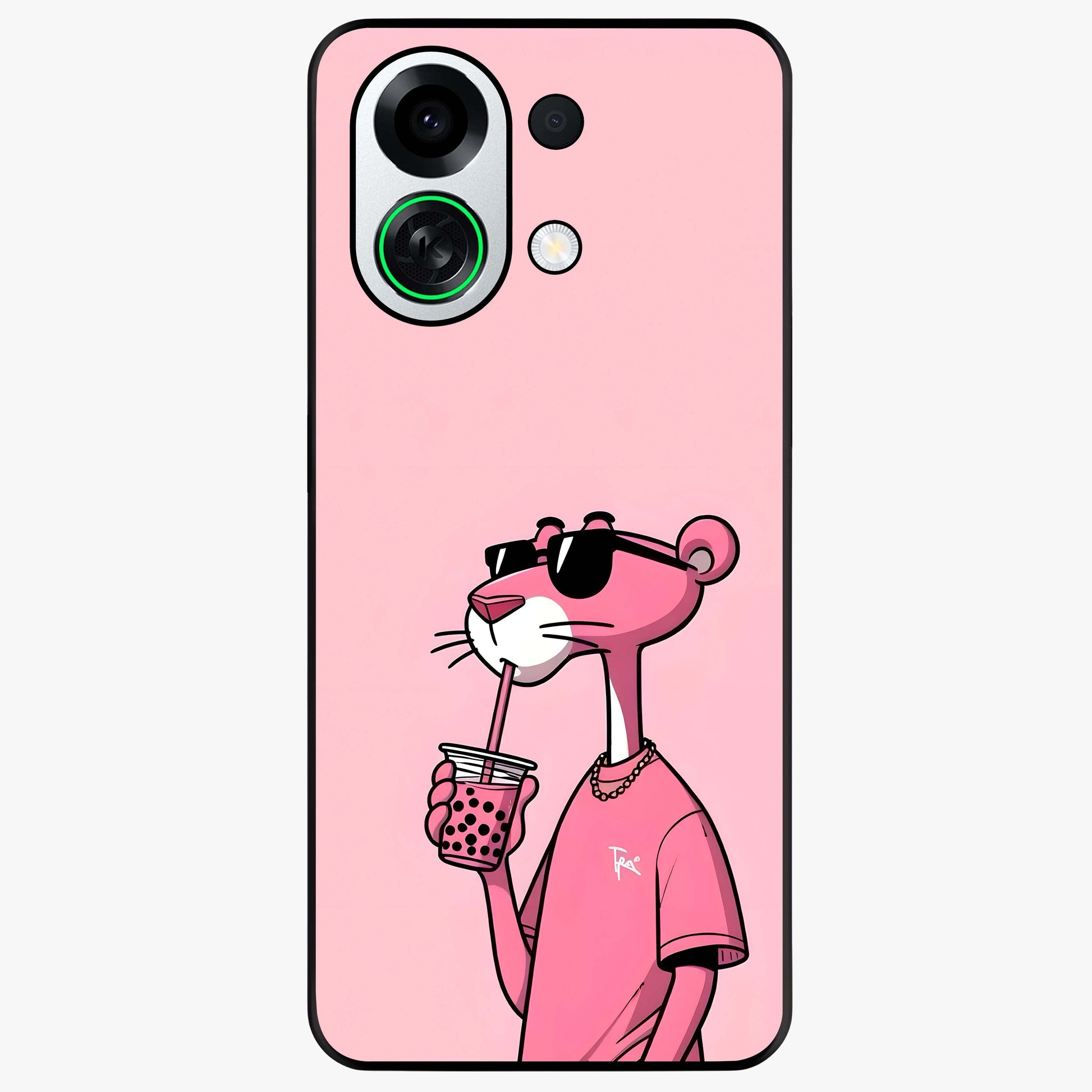 Pink Panther Glass Case showing flat back view with iconic pink panther artwork and glossy glass finish.