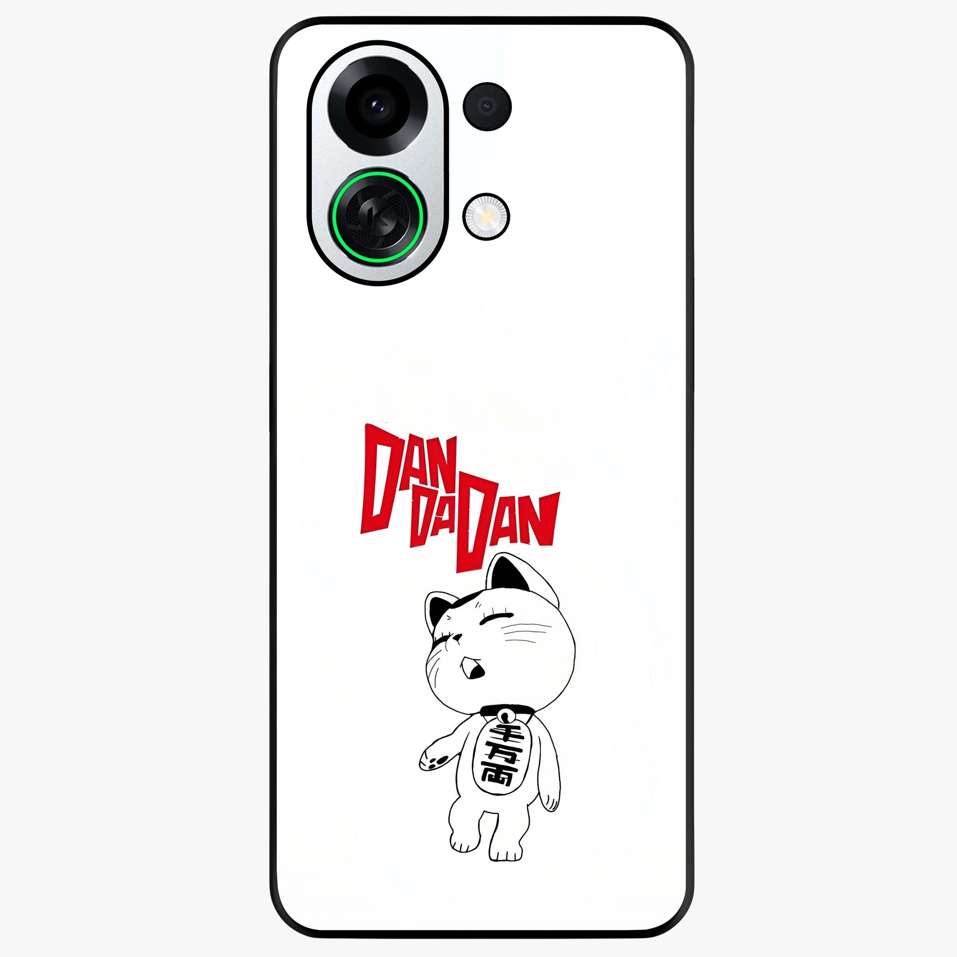 Playful Spirit Charm Glass Case showing flat back view with cheerful charm themed artwork and glossy glass finish.