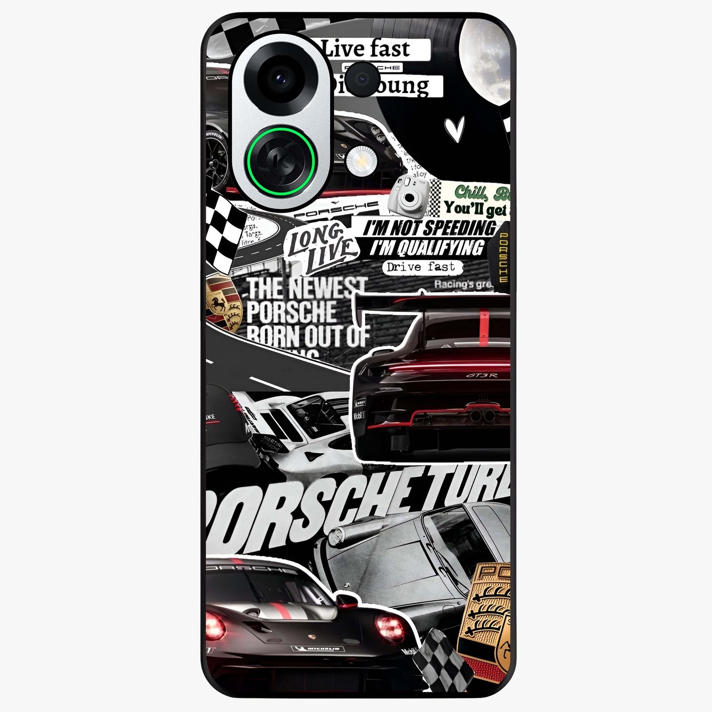 Porsche Racing Collage Glass Case showing flat back view with sports car racing collage artwork and glossy glass finish.