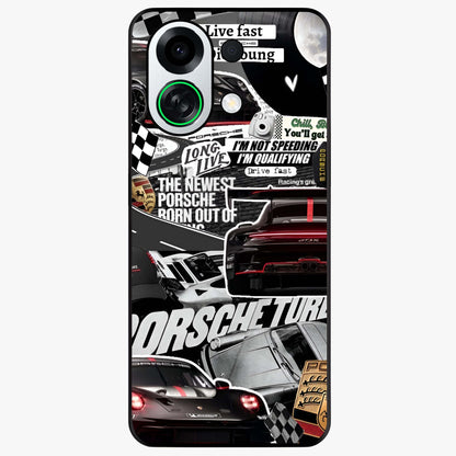 Porsche Racing Collage Glass Case showing flat back view with sports car racing collage artwork and glossy glass finish.