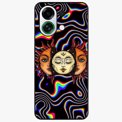 Psychedelic Sun Glass Case showing flat back view with colorful psychedelic sun artwork and glossy glass finish.
