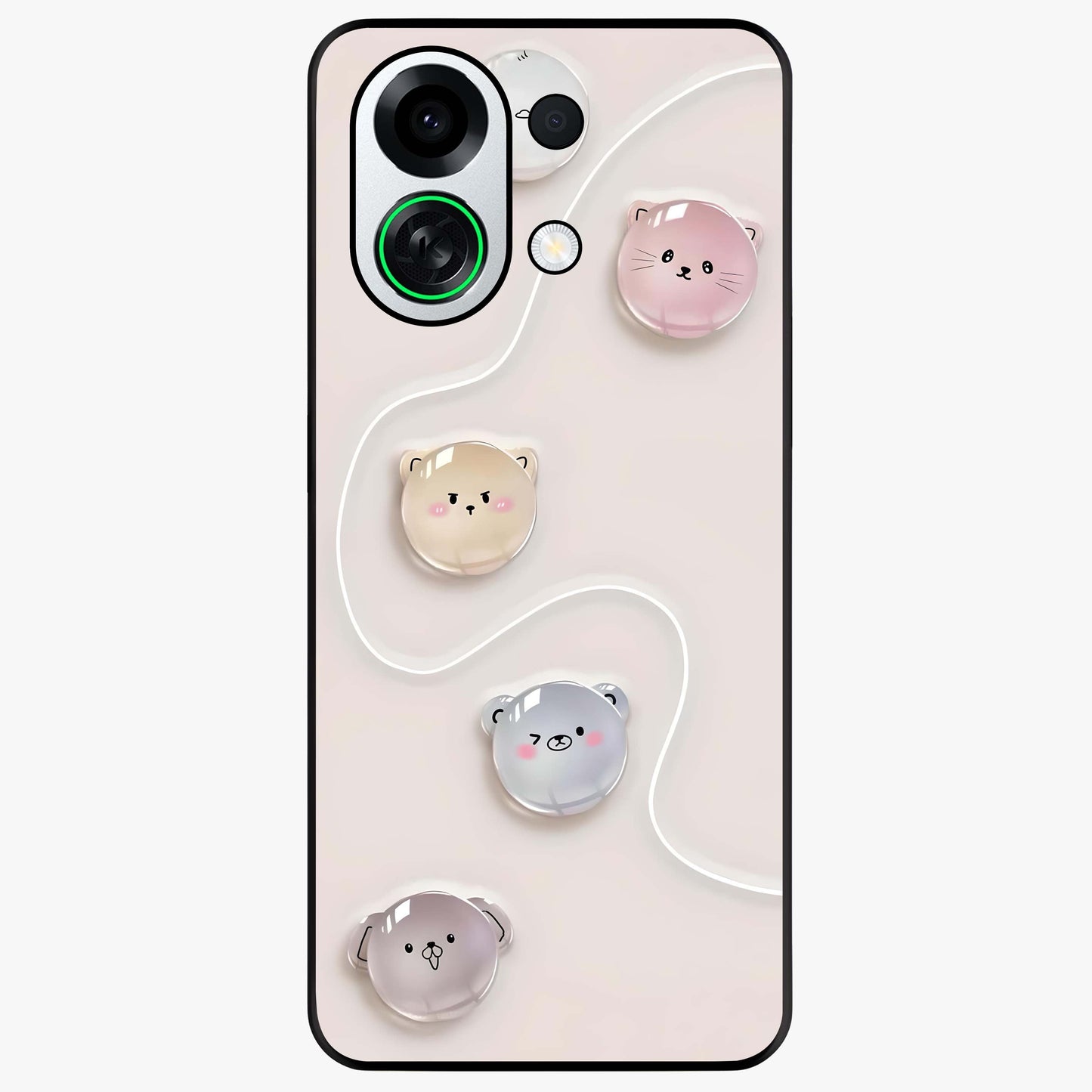 Puffy Face Parade Glass Case showing flat back view with cute puffy character faces artwork and glossy glass finish.