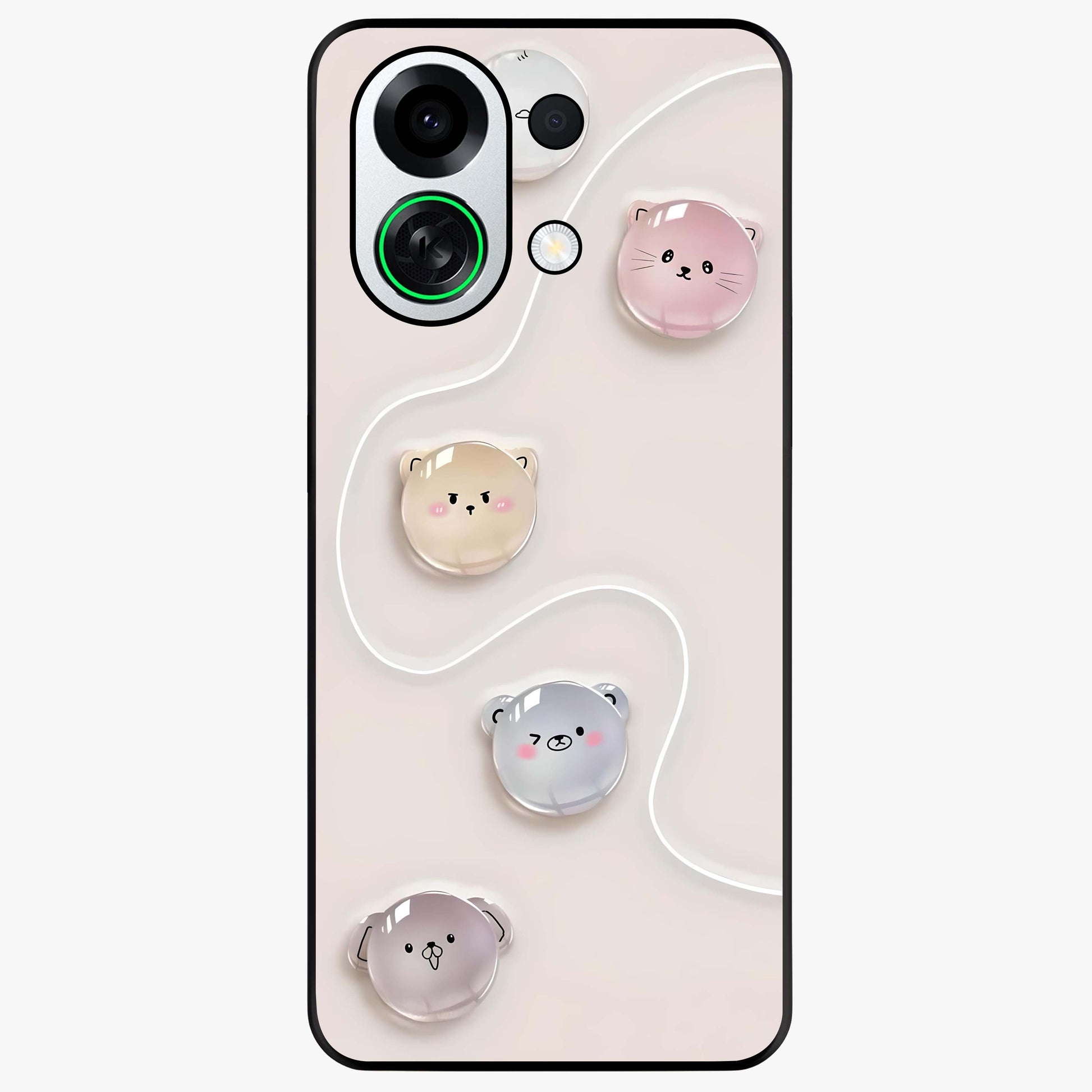 Puffy Face Parade Glass Case showing flat back view with cute puffy character faces artwork and glossy glass finish.