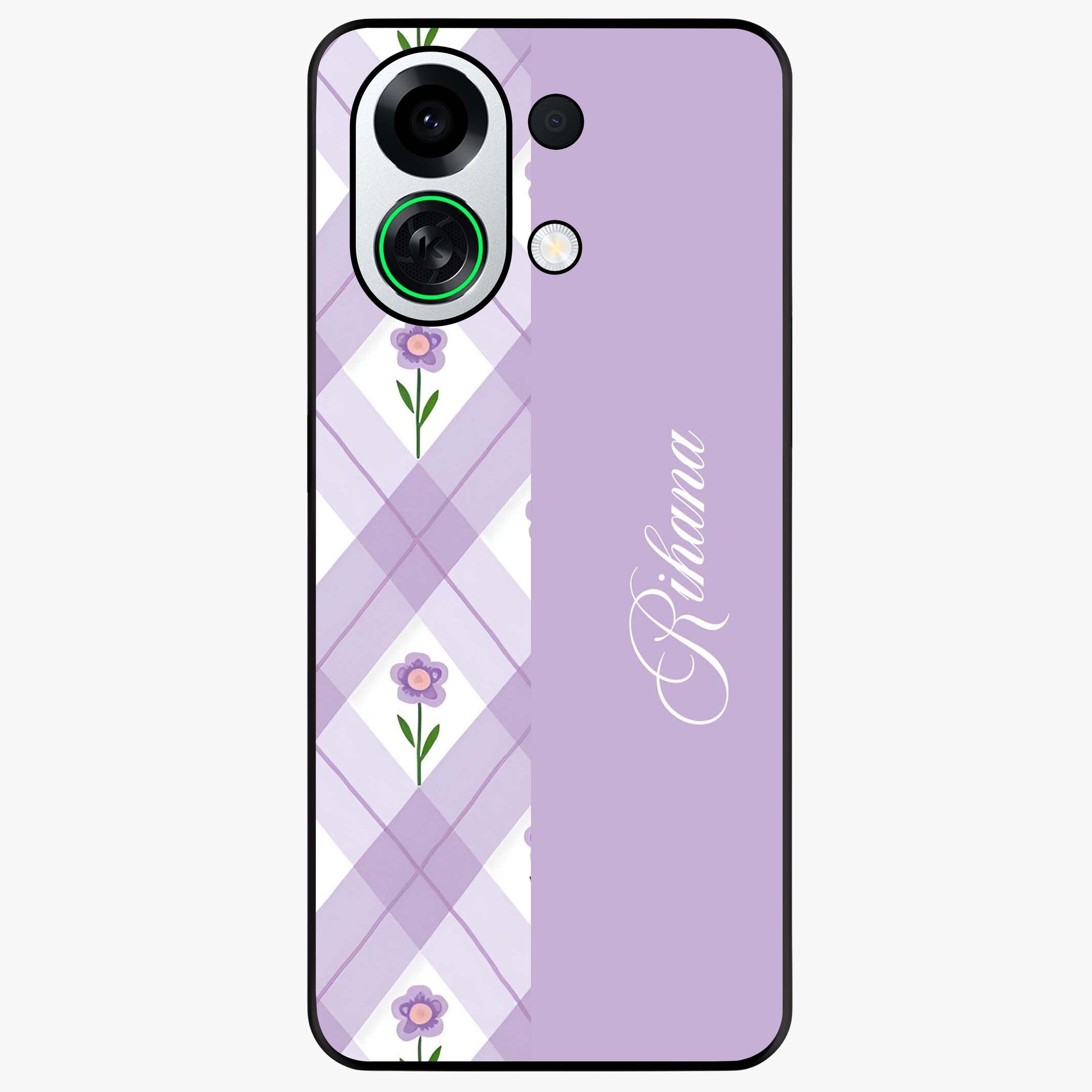 Purple Diamond Floral Glass Case showing flat back view with diamond shaped floral artwork and glossy glass finish.