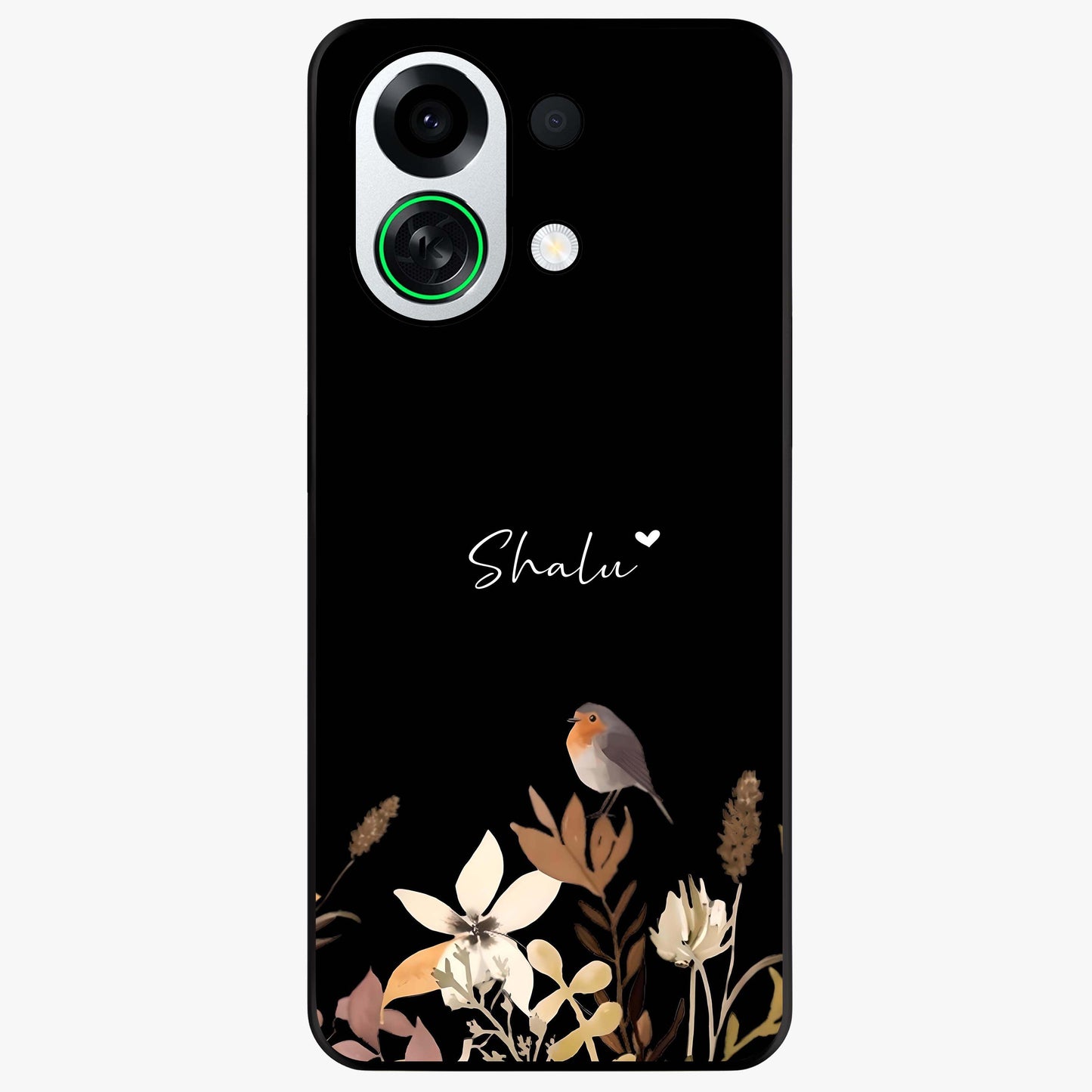 Quiet Garden Tune Custom Name Glass Case showing flat back view with peaceful garden artwork and personalized name design.