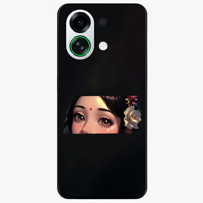 Radha Divine Embrace Glass Case showing flat back view with devotional Radha artwork and glossy glass finish.