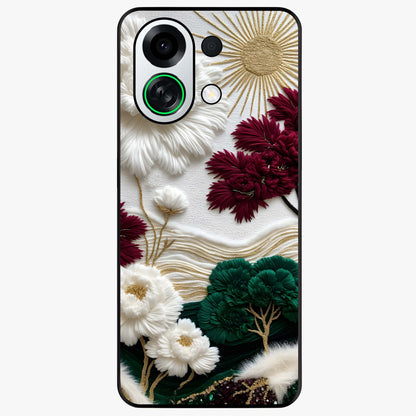 Radiant Bloom Elegance Glass Case showing flat back view with elegant blooming flower artwork and glossy glass finish.