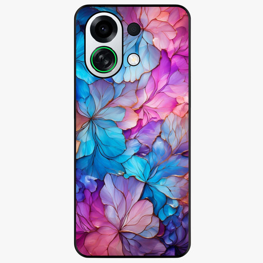 Radiant Floral Whirl Glass Case showing flat back view with swirling floral artwork and glossy glass finish.