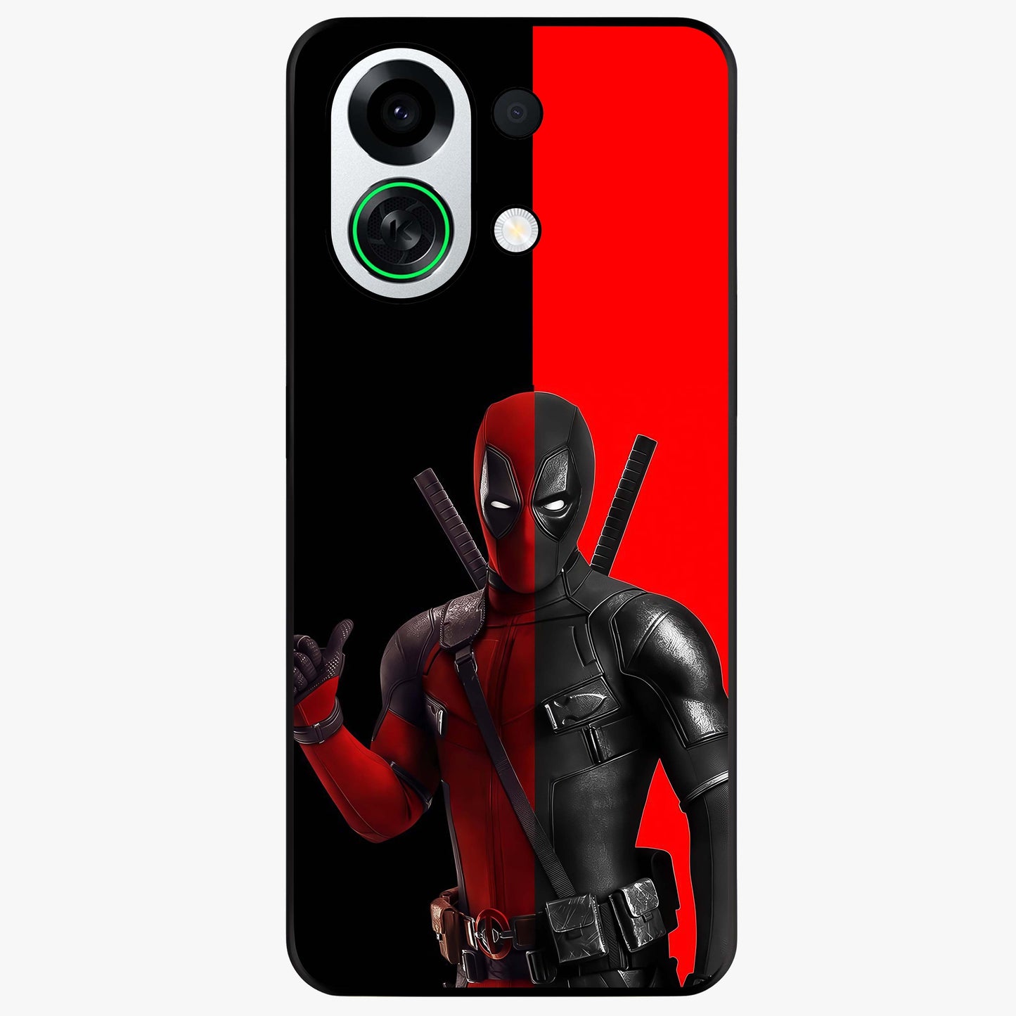 Red & Black Deadpool Theme Glass Case showing flat back view with bold comic inspired artwork and glossy glass finish.