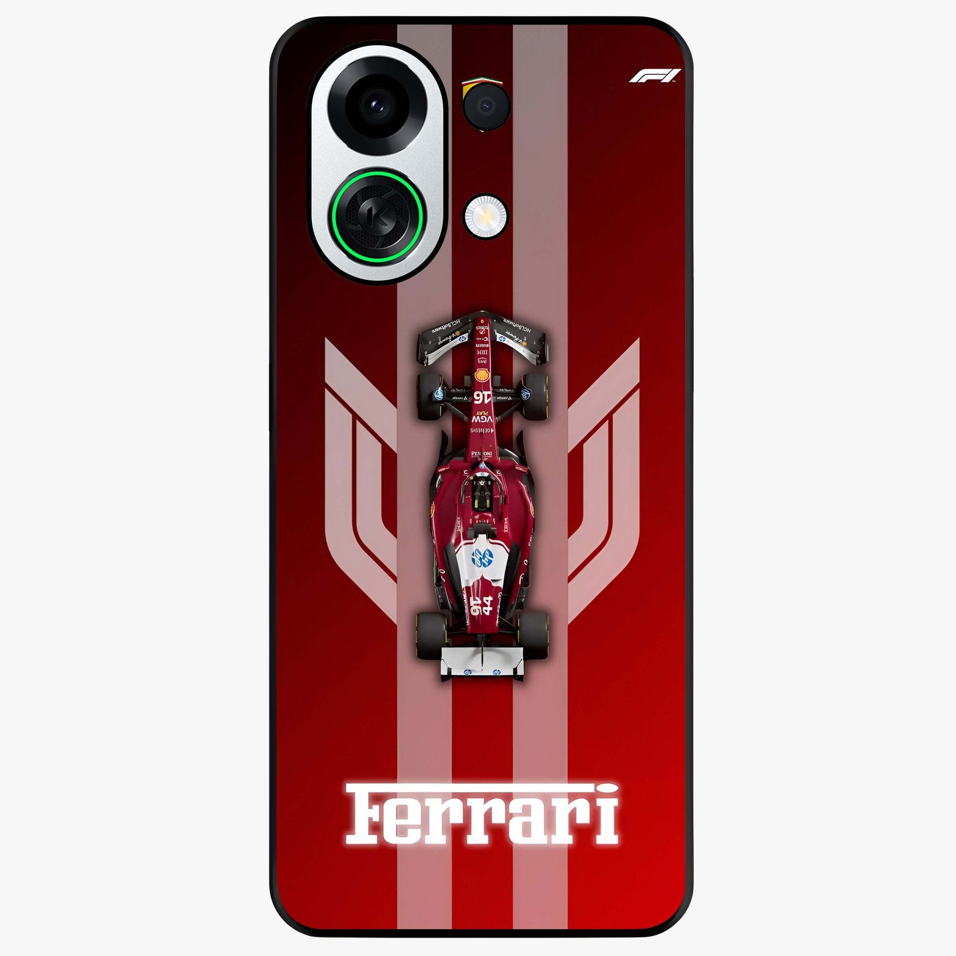 Red Ferrari F1 Vertical Glass Case showing flat back view with sleek Formula racing car artwork and glossy glass finish.