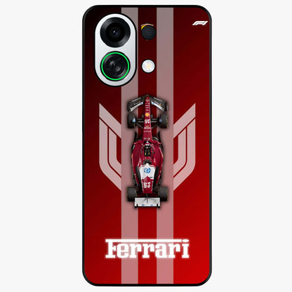 Red Ferrari F1 Vertical Glass Case showing flat back view with sleek Formula racing car artwork and glossy glass finish.