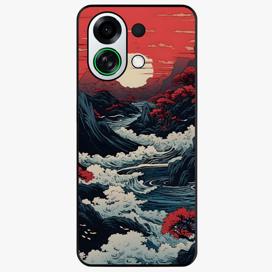 Red Sunset Scenery Glass Case showing flat back view with vibrant sunset landscape artwork and glossy glass finish.