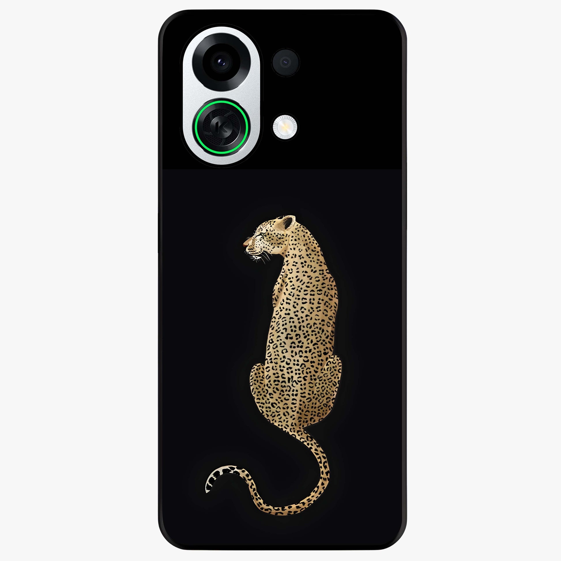 Regal Leopard Glass Case showing flat back view with bold leopard artwork and glossy glass finish.