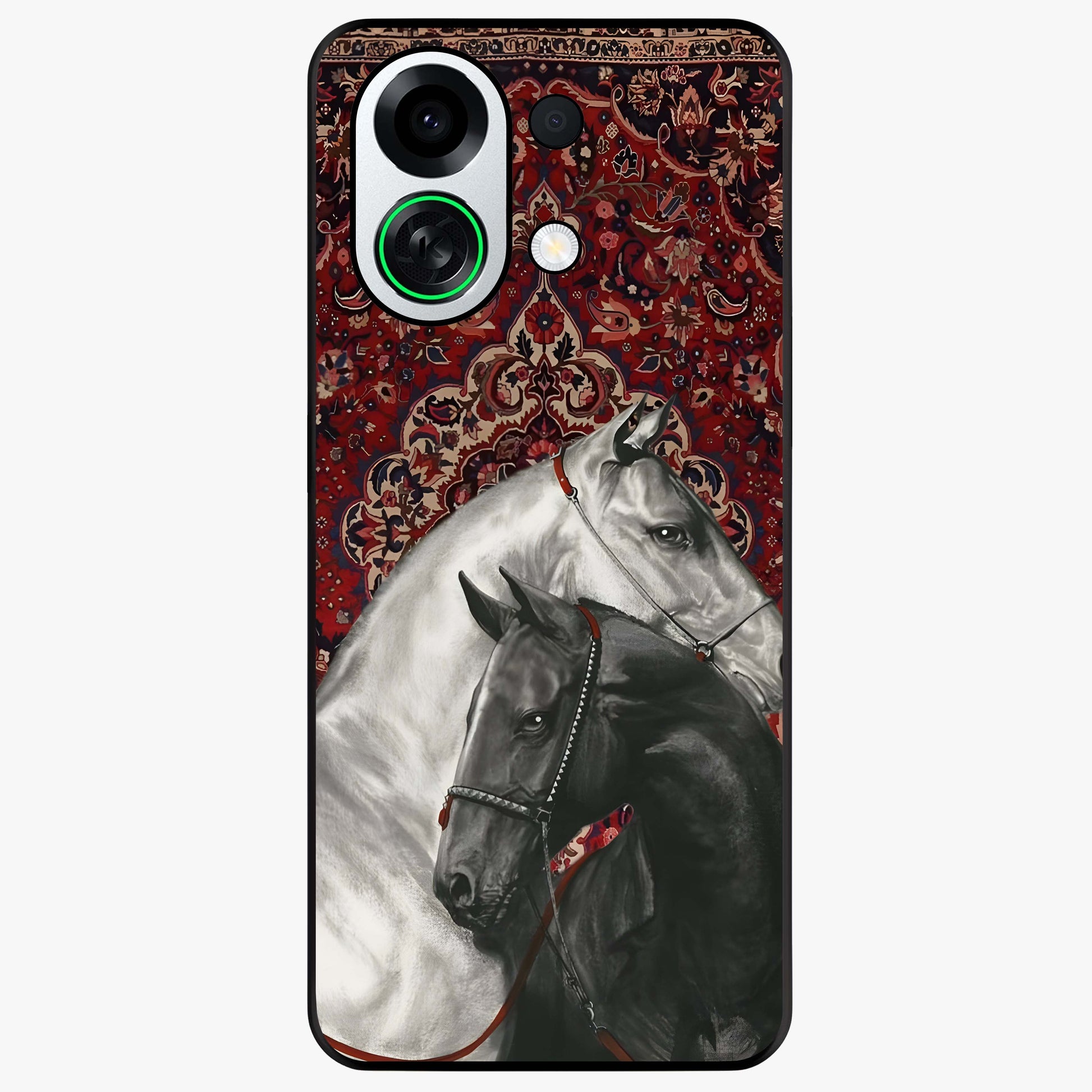 Regal Stallion Tapestry Glass Case showing flat back view with majestic horse tapestry artwork and glossy glass finish.