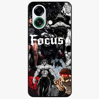 Relentless Power Focus Glass Case showing flat back view with motivational typography artwork and glossy glass finish.